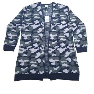 Mud Pie Women's Open Front Duster Cardigan Camo Knit Sweater S/M